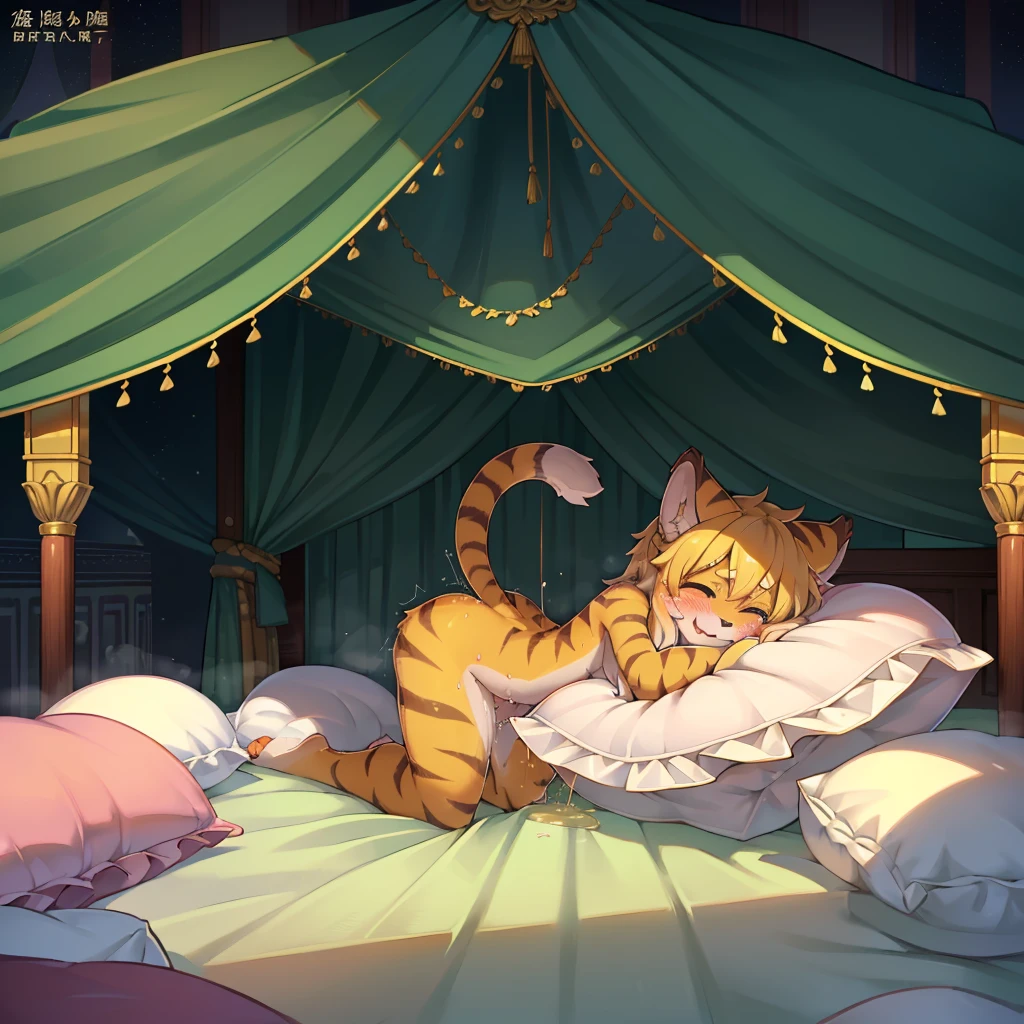 （masterpiece，best quality），my own, The Beast, , (适合任何Pillow背景的光影））, 穿着pajamas可爱女孩在Pillow上摆姿势 ，pajamas，Nature,, (blush),a smile，Pillow头,（很多Pillow），Soft cushion，，Soft pillow quotation，（Pillow损坏），很多Pillow，（Crotch rubbing），（（Pillow驼峰）），（Pillow），（A tail），，（粉色Pillow），（Love around the protagonist），Steam，（Pillow头），（），（豪华Pillow），（Pillow），（palace），（Palace bedroom），（Pillow），柔软的Pillow，，（Classical European style bedroom ），（excited，shy person，Lack of expressiveness，），，pillow humping,mia,tiger tail,tiger ears,Tiger pattern，，Sweat，，Sweaty，(Body swing，身体Shaking lines，Shaking lines)，best quality, masterpiece, ((Maximum resolution)), artwork, ，,,(Interior of the palace),(In the bedroom at night),(Deluxe Rococo Canopy King Bed),On a big and spacious bed,(the 女孩 is lying on the bed),Before bedtime,,,Luxurious curtains with ornate ruffles and ribbons surround the bed,((((There are many pillows piled on the bed)))),Detail of Quilt,Detailed bed sheets,Ruffled Bed Skirt,Deep Bed,Background with depth,pajamas , ((((大量的Pillow))))，peeing，squatting，water,urine,Shaking lines，wetting pillows,Flowing liquid，Violent body shaking，剧烈Shaking lines，详细的软Pillow,,((女孩正躺在许多柔软的Pillow上,周围有许多Pillow))，Splashed liquid，Pillow和床上有水迹，caughtpeeing,Lots of liquids，urine everywhere