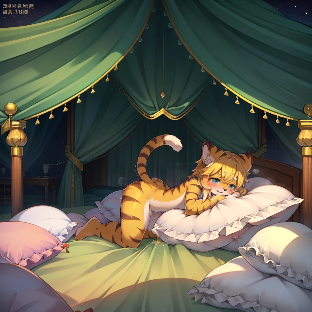 (masterpiece,best quality),my own, The Beast, , (适合任何Pillow背景的光影)), 穿着pajamas可爱女孩在Pillow上摆姿势 ,pajamas,Nature,, (blush),a smile,Pillow头,(很多Pillow),Soft cushion,,Soft pillow quotation,(Pillow损坏),很多Pillow,(Crotch rubbing),((Pillow驼峰)),(Pillow),(A tail),,(粉色Pillow),(Love around the protagonist),Steam,(Pillow头),(),(豪华Pillow),(Pillow),(palace),(Palace bedroom),(Pillow),柔软的Pillow,,(Classical European style bedroom ),(excited,shy person,Lack of expressiveness,),,pillow humping,mia,tiger tail,tiger ears,Tiger pattern,,Sweat,,Sweaty,(Body swing,身体Shaking lines,Shaking lines),best quality, masterpiece, ((Maximum resolution)), artwork, ,,,(Interior of the palace),(In the bedroom at night),(Deluxe Rococo Canopy King Bed),On a big and spacious bed,(the 女孩 is lying on the bed),Before bedtime,,,Luxurious curtains with ornate ruffles and ribbons surround the bed,((((There are many pillows piled on the bed)))),Detail of Quilt,Detailed bed sheets,Ruffled Bed Skirt,Deep Bed,Background with depth,pajamas , ((((大量的Pillow)))),peeing,squatting,water,urine,Shaking lines,wetting pillows,Flowing liquid,Violent body shaking,剧烈Shaking lines,详细的软Pillow,,((女孩正躺在许多柔软的Pillow上,周围有许多Pillow)),Splashed liquid,Pillow和床上有水迹,caughtpeeing,Lots of liquids,urine everywhere