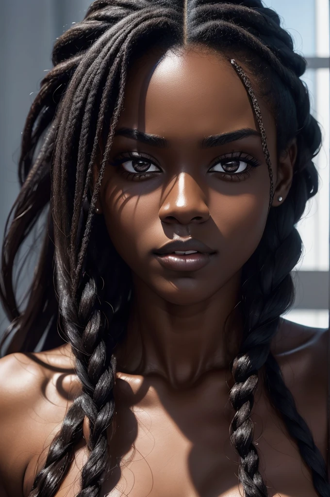 ((Extremely beautiful face)), ((very dark skin)), upper body, ((face focus)), naked, cornrow hair