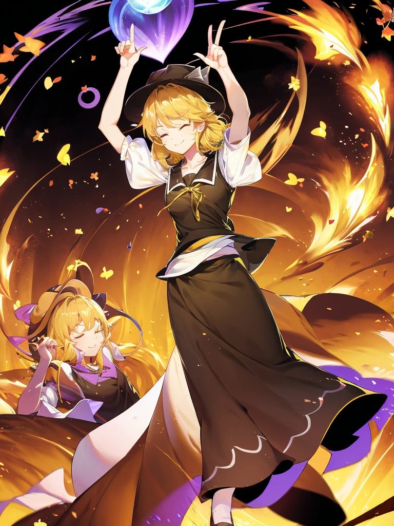 1girl, , , masterpiece, best quality, , medium blonde hair, forehead visible bags, yellow eyes, hat, heart, black headwear, puffy short sleeves, log black skirt, heart hads,,1girl, solo, yellow eyes, yellow hair, bow, hat bow, socks, black footwear, black skirt, short sleeves, yuki (touhou), black vest, white sleeves, frill skirt, light smile, from behind, to lift up one’s skirt, cowboy shot, from front, standing , raise one leg, crossed arms, arms up behind, arms behind back, hand between legs, put hands hip, one hand on hip, forward hands, arms raised in the air, punch hands, peace sign, waving, put up index finger, sit, lie down, closed eyes, lie face down, looking back, put one hand chest, leaning forward, cleavage, close up, horizontally outstretched arms, horizontally outstretched legs, front view, front face