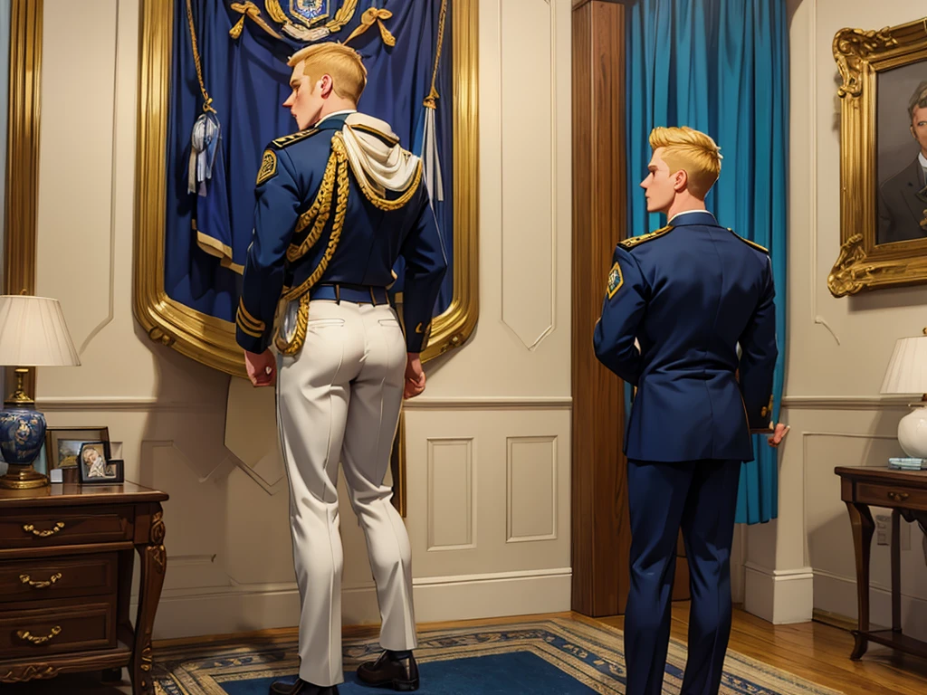 A handsome blond guy, 17 years old, looks at the ceremonial officer's uniform of a "Navy Seal" with awards, which hangs on a suit hanger standing on the floor, and engages in masturbation. Watching him from behind is a naked, blond, muscular Navy SEAL officer, 35 years old, handsome and arrogant. The officer has a big dick, an erection, and a boner.