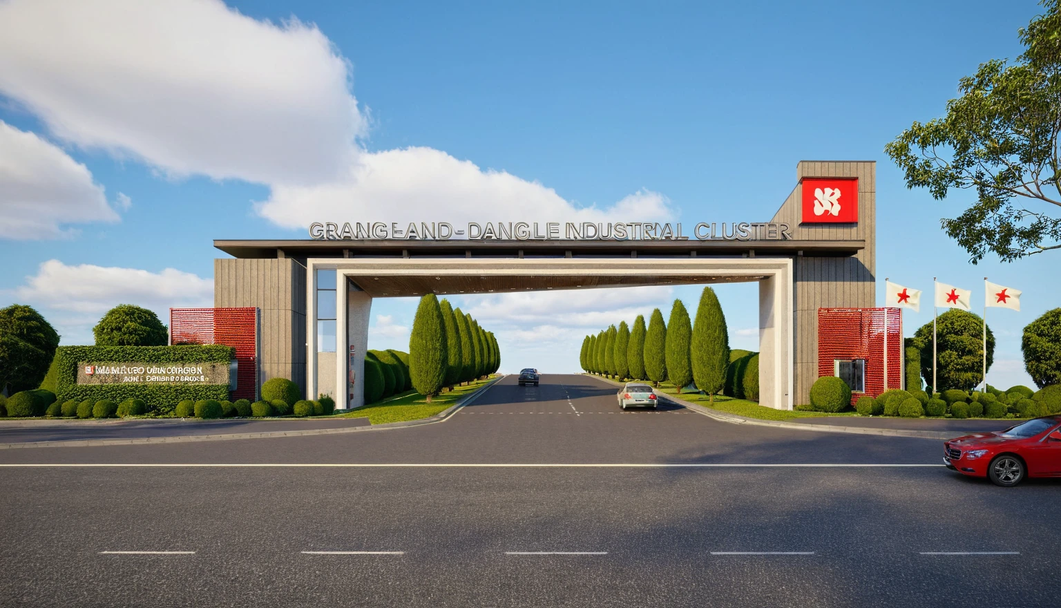 Raw photo,Masterpiece, high quality, best quality, authentic, super detail, soft lighting, high quality, exterior, outdoors, welcome gate style modern, pavement, grass, trees, blue sky, cloud, (day:1.1), vivid colour, (realistic:1.2), unreal engine 5, vray tracing

