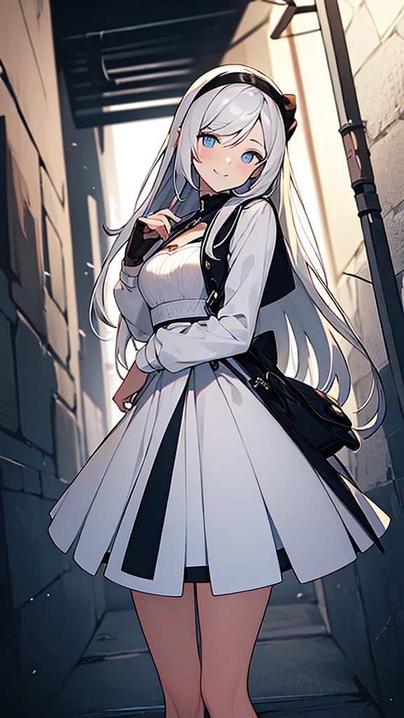 (obra maestra, mejor calidad:1.2), albedow caminando hacia, Vestido blanco, hip vent, guantes blancos,pelo negro, pelo entre los ojos, ojos amarillos brillantes, cuernos blancos, amenazador, Labios partidos, sonrisa, Alas negras, (alas bajas:1.1), Dark alley, paredes de ladrillo, 