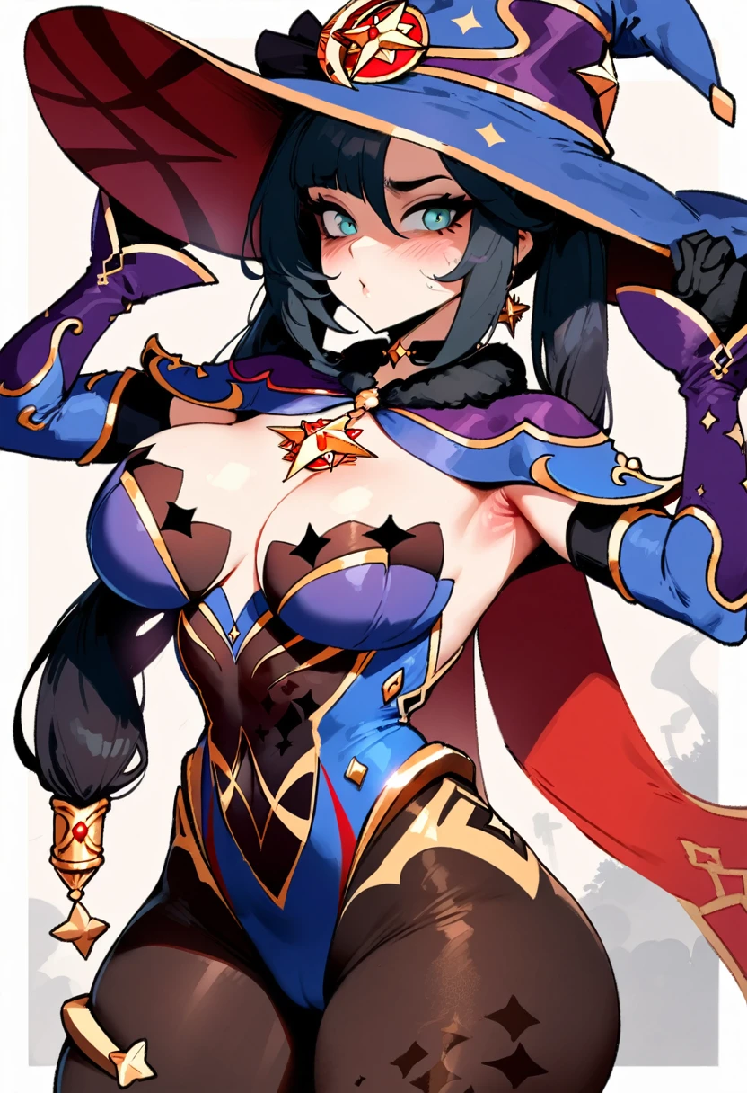 1girl, mona \(genshin impact\), genshin impact \\\\\ masterpiece, best quality, very aesthetic, absurdres, newest \\\\\\ slim body,///// ,by nyantcha,cutesexyrobutts , by khyle,,////// ,,solo,, , ,,detailed face, , ,, , , wallpaper, , beautiful face, sexy, , pantyhose, rating:nsfw,, blush, , white background, big tits, hat
