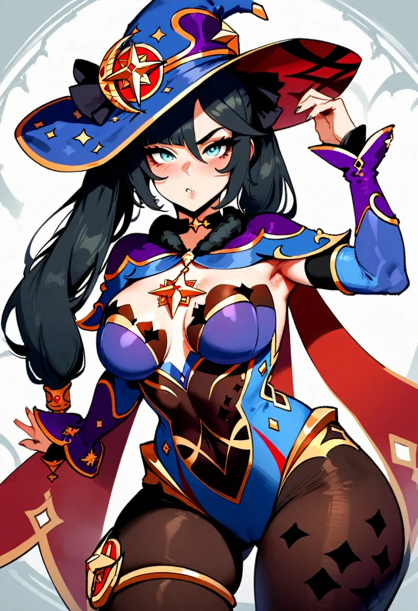 1girl, mona \(genshin impact\), genshin impact \\\\\ masterpiece, best quality, very aesthetic, absurdres, newest \\\\\\ slim body,///// ,by nyantcha,cutesexyrobutts , by khyle,,////// ,,solo,, , ,,detailed face, , ,, , , wallpaper, , beautiful face, sexy, , pantyhose, rating:nsfw,, blush, , white background, big tits, hat