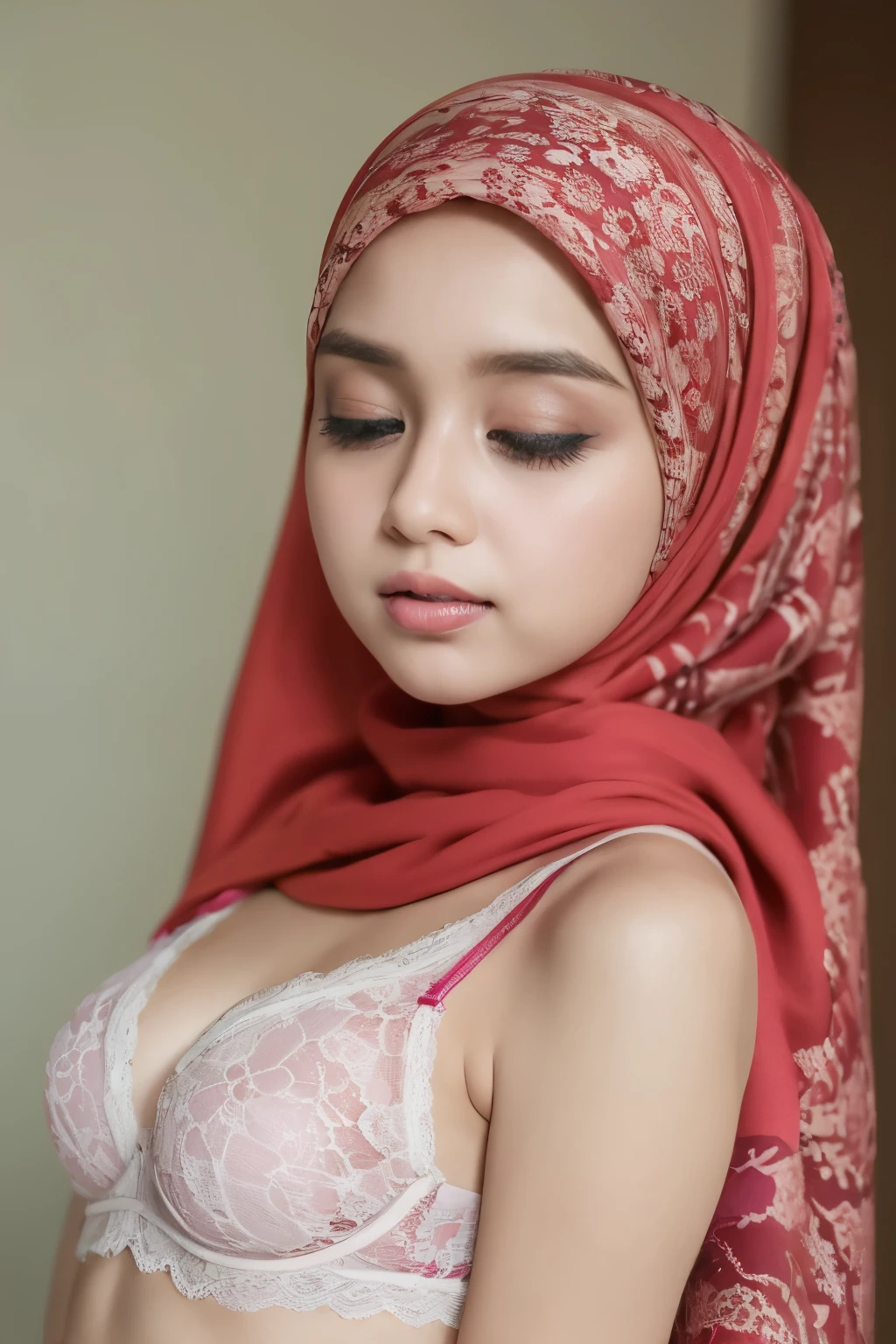 ((SLEEPING BEAUTY)), ((EYES WIDE )), ((OPEN BIG HUGE EYES)), ((FULL LACE)), Very Thin body (Wearing Bra Lingerie), (((HIJAB MALAY GIRL))), masutepiece, High quality, UHD 32K, Realistic face, Realistic skin feeling , A Malay Lady, , , Very cute and baby-like face, (((FLAT CHEST))), (MATRIX WORLD), ((look In front at the camera and SADNESS)), ((())), (((CUTE GIRL))), ((RED LIPS)), ((RED)), (naked undress). WEAR BRA LINGERIE, purple, lace