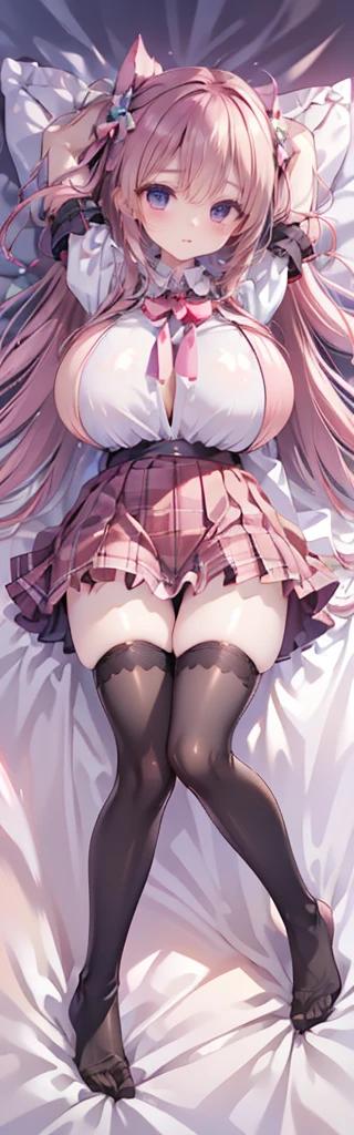 Masterpiece,Best Quality,(Super Detail),perfect writing, Highly detailed CG,Super detailed,(Highly detailed eyes,Very cute face,Highly detailed face:1.3),Beautiful Anime Girl,(Solo Girl),(Super huge boobs:1.4),(super huge breasts:1.4),(Sensual,Glamorous:1.4),(pink,very Long Hair,wave),(Big light purple eyes),Collared shirt,short sleeve shirt,Pleated skirt,lying on the bed,on back,school tight,pink pillow , pleated skirt, zettai ryouiki,high resolution,heart shaped pupils, plaid skirt, black stocking,claw pose,lie on bed,liying , full body , toe,full body seen,full-face blush,sexual climax,arms up,Young features,(:1.4),Elementary school girls,Close one eye, With tears in her eyes and her mouth open,open mouth,