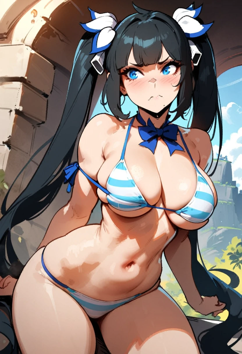 1girl, hestia \(danmachi\), dungeon ni deai wo motomeru no wa machigatteiru darou ka \\\\\ masterpiece, best quality, very aesthetic, absurdres, newest \\\\\\ slim body,///// ,by nyantcha,cutesexyrobutts , by khyle,,////// ,,solo,, , ,,detailed face, , ,, , , , , beautiful face,  sexy, , swimsuit, rating:nsfw,painted bikini,  , big tits,horny, black hair,twintails, blush,,, nothing extra on the neck, blue eyes, shy, mountains 