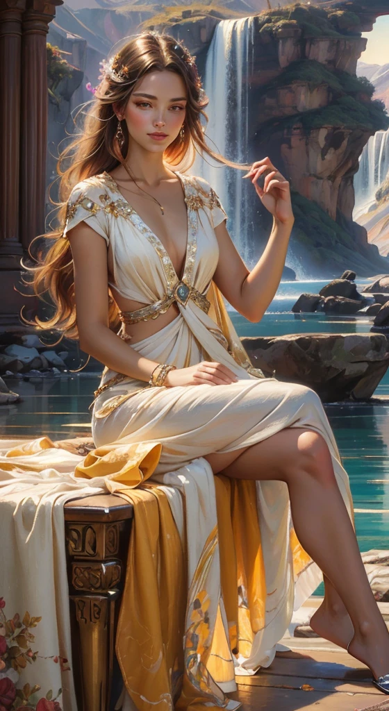 picture, women with long and bright hair, she sat in a luxurious chair, straightens his hair with his hand, Tans, luxury villa, mountains in the distance, waterfall, beautiful digital illustration, stunning digital illustration, gorgeous digital art, beautiful artwork illustration, beautiful digital art work, beautiful digital art, exquisite digital illustration, complex digital painting, very beautiful digital art, bright digital painting, beautiful gorgeous digital art, Psychedelic loose hair, colorful digital painting, Inspiring digital art, stylized digital art
