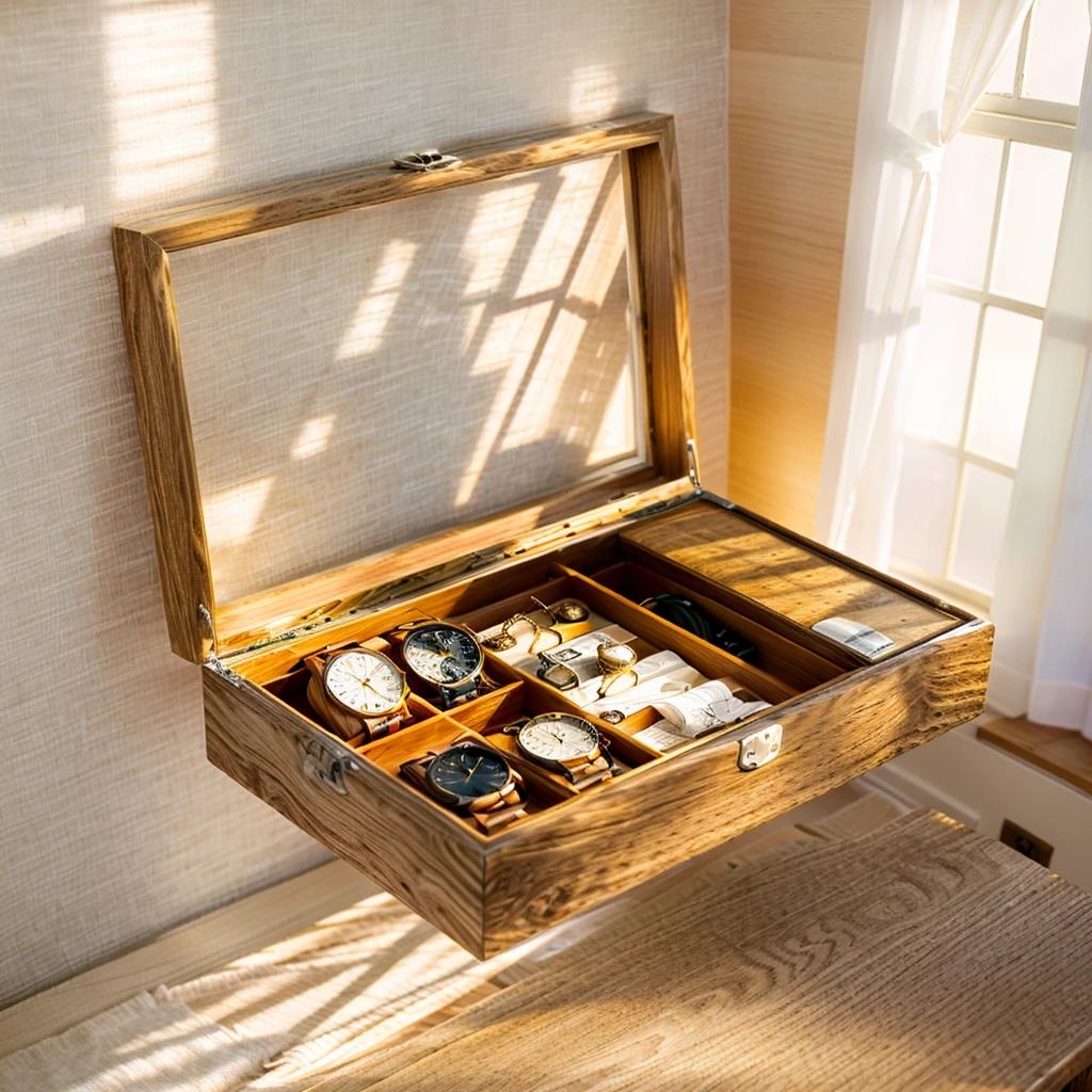 In this cozy room,A ray of sunlight shone through the half-drawn curtains on the table,Let the wood grain on the watch storage box shine with a faint luster。There was a calm and peaceful atmosphere in the air around them。There are several still lifes hanging on the walls of the room,It adds a touch of elegance to the space。And on the other side of the room,The half-open window lets in the breeze,The pages on the small desk by the window turned in the wind,This quiet scene gives a sense of tranquility and comfort。