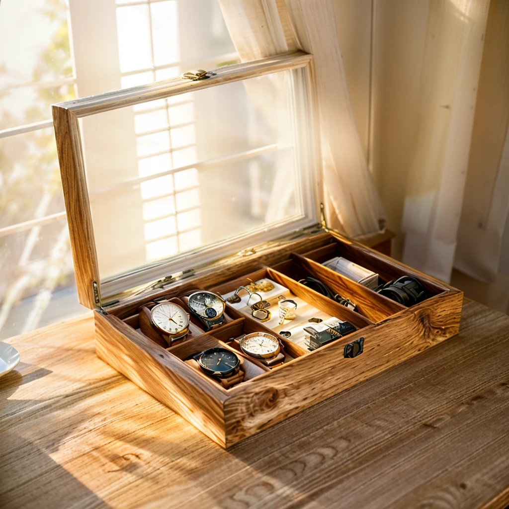 In this cozy room，A ray of sunlight shone through the half-drawn curtains on the table，Let the wood grain on the watch storage box shine with a faint luster。There was a calm and peaceful atmosphere in the air around them。There are several still lifes hanging on the walls of the room，It adds a touch of elegance to the space。And on the other side of the room，The half-open window lets in the breeze，The pages on the small desk by the window turned in the wind，This quiet scene gives a sense of tranquility and comfort。