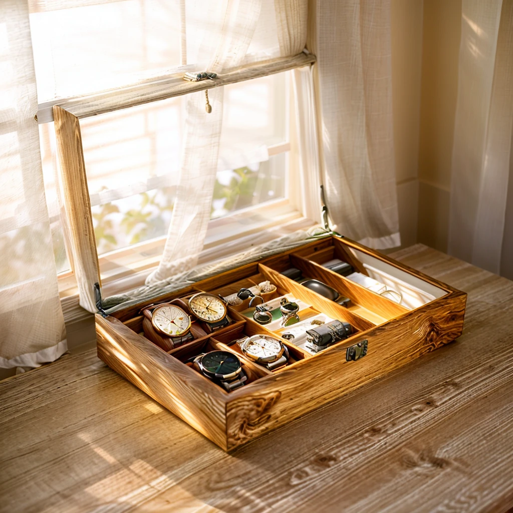 In this cozy room,A ray of sunlight shone through the half-drawn curtains on the table,Let the wood grain on the watch storage box shine with a faint luster。There was a calm and peaceful atmosphere in the air around them。There are several still lifes hanging on the walls of the room,It adds a touch of elegance to the space。And on the other side of the room,The half-open window lets in the breeze,The pages on the small desk by the window turned in the wind,This quiet scene gives a sense of tranquility and comfort。