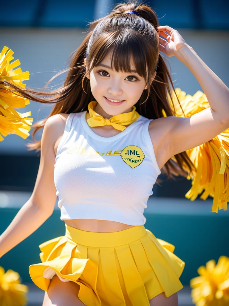 (Best-quality, Masterpiece, Ultra-High-Resolution, (Photorealistic:1.4), Raw Photo, depth of field, professional lighting, perfect anatomy, extremely details), 1girl, the most famous Japanese idol, (wearing yellow cheerleading-sleeveless-shirt, wearing yellow-cheerleading-pleated-skirt over white cheerleading-panties), ((upturned ass)), ((extremely cute face, ((extremely cute big-eyes)), extremely cute hair), ((extremely beautiful and extremely realistic skins))), extremely beautiful legs, dynamic pose, looking at viewer, innocent smile, detailed yellow-cheerleading-sleeveless-shirt, detailed yellow-cheerleading-pleated-skirt, detailed white-cheerleading-panties-with-cute-design