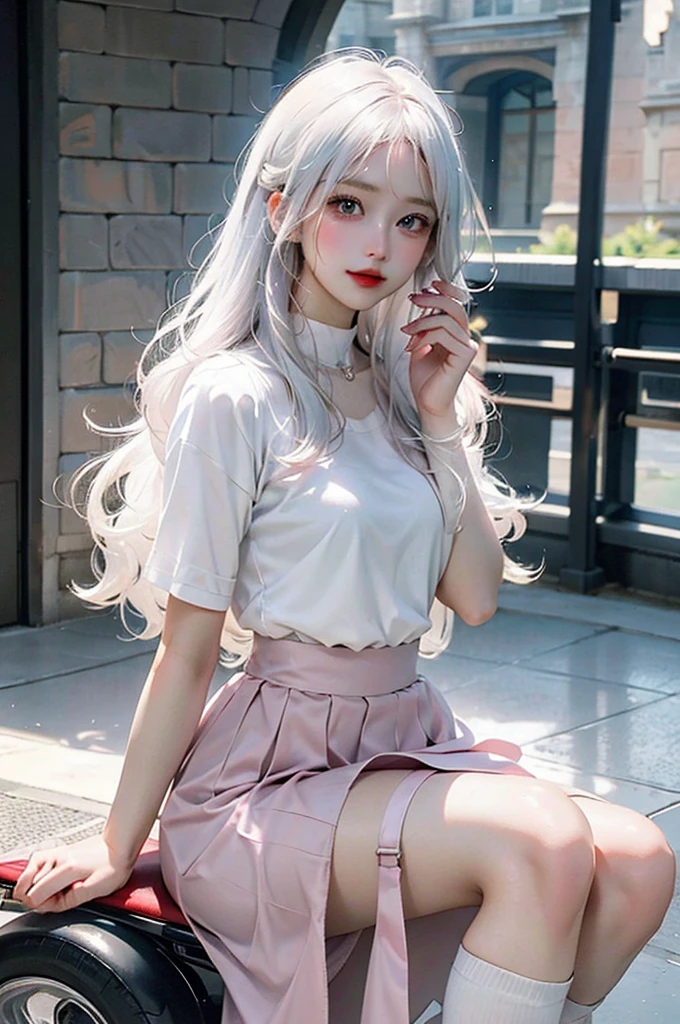 A beautiful girl with long hair,Wear a tight hip skirt,Wearing translucent grey,Riding a pink and white motorcycle,On the way to the medieval castle,Drinking water,One hand lifts white hair,Charming eyes,Well-proportioned figure,The chest is half bare,Full body portrait,Bring shoes,Can fly