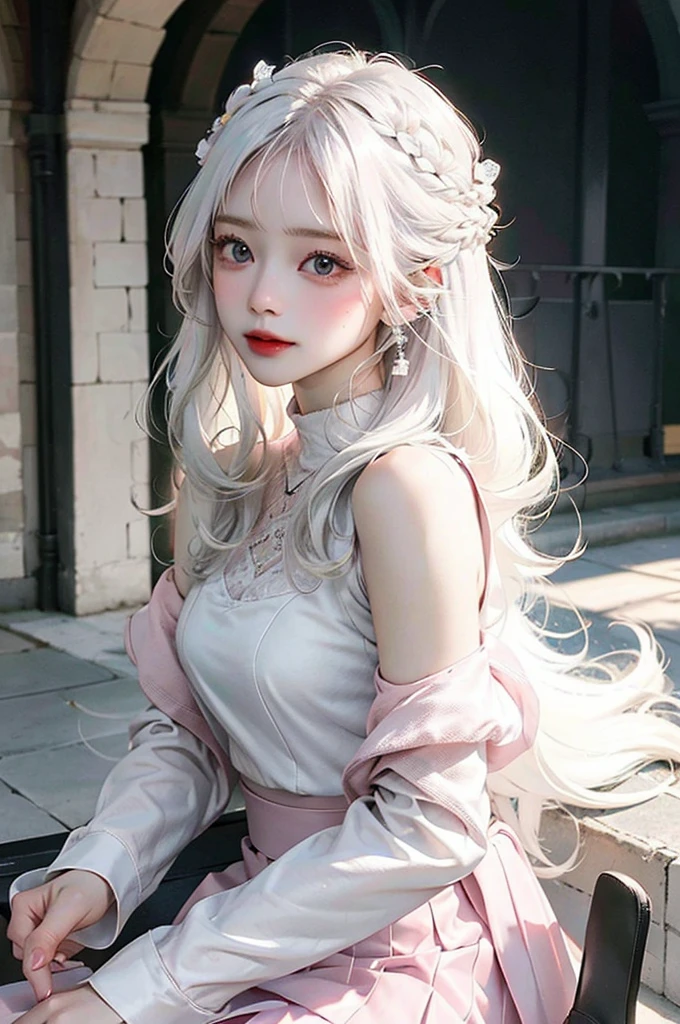 A beautiful girl with long hair，Wear a tight hip skirt，Wearing translucent grey，Riding a pink and white motorcycle，On the way to the medieval castle，Drinking water，One hand lifts white hair，Charming eyes，Well-proportioned figure，The chest is half bare，Full body portrait，Bring shoes，Can fly