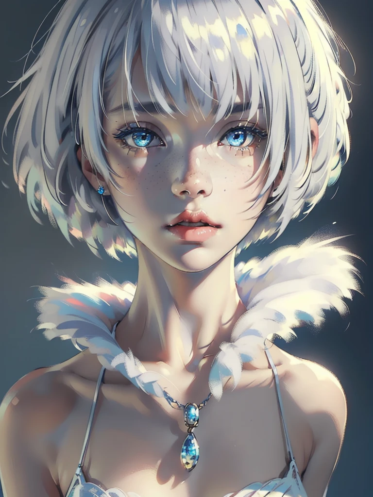((masterpiece)), ((best quality)), (ultra-detailed), ((extremely detailed)), 4K, (8K), best quality, a beautiful woman, ((beautiful light gray hair)), shiny hair, ((fluffy bob cut)), light blue eyes, freckled skin, flushed cheeks, 20 years old,
full body,