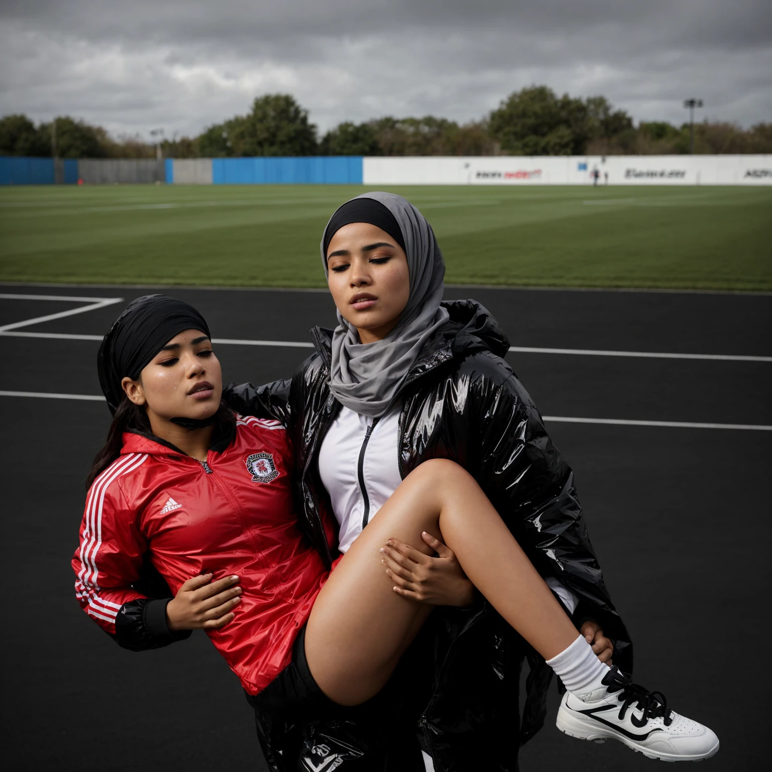 a soccer venue in Somalia, a desparated somali hijabi-girl is standing in a laquered and very shiny quilted coat and carries a man in matte sportswear in her arms, a shouting arab muslim-woman carries a man in dull sportswear, a woman carries in her arms a male soccer player in cotton sportswear, rainy weather, rainfall, humid, girl carries guy, lift and carry, an excessively madeup arab veiled girl in a high-shine wet black latex downcoat, a soccer scene, a soccer injury, first aid carry at a soccer match, a young madeup latino-girl in a shiny black vinyl downjacket, a madeup arab girl in a shiny plastic-downcoat, a very sad and desperately crying latino-girl, an intensely madeup latino-girl in a glossy black vinyl-downcoat, latino-girl with lipstick, muslima-girl with smoky eyes, dramatic action pose, woman that is carrying a skinny shorthaired man, there is a beautiful woman in a shiny coat who is carrying a shorthaired blond man in her arms, a longhaired beautiful woman in a high-shine black puffy coat, a longhaired woman in a shiny downcoat, a woman is carrying a shorthaired man who is wearing black shorts, a weak shorthaired man in black shorts is consciousless and needs to be carried, a shorthaired man with closed eyes is carried in the arms of a longhaired latino-woman, a latino-woman looks very scared and terrified, a consciousless shorthaired man with closed eyes is suffering very much and has a very painful face, photo, photo shoot, photographed, arafed man being carried by a woman, very realistic, very very realistic, hyper-realistic, hyper - realistic, hyper realistic, jacket over bare torso, very disturbing, very hyperrealistic, super realistic, hyperrealistic!, extremely realistic, very very very realistic, super-realistic realistic, super-realistictic!, extremely realistic, very very very realistic, super-realistic realistic, super-realistic, veiled arab woman's face, a completely matte and very dull cotton fabric soccer jersey on a male shaped