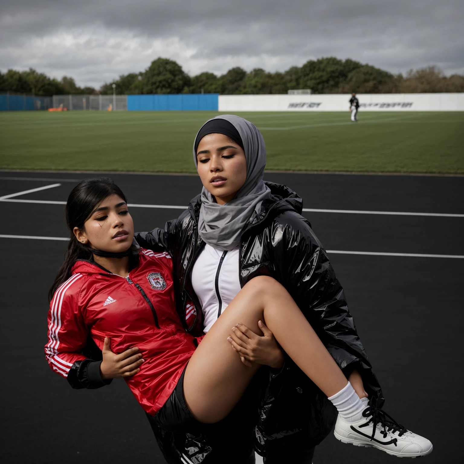 a soccer venue in Somalia, a desparated somali hijabi-girl is standing in a laquered and very shiny quilted coat and carries a man in matte sportswear in her arms, a shouting arab muslim-woman carries a man in dull sportswear, a woman carries in her arms a male soccer player in cotton sportswear, rainy weather, rainfall, humid, girl carries guy, lift and carry, an excessively madeup arab veiled girl in a high-shine wet black latex downcoat, a soccer scene, a soccer injury, first aid carry at a soccer match, a young madeup latino-girl in a shiny black vinyl downjacket, a madeup arab girl in a shiny plastic-downcoat, a very sad and desperately crying latino-girl, an intensely madeup latino-girl in a glossy black vinyl-downcoat, latino-girl with lipstick, muslima-girl with smoky eyes, dramatic action pose, woman that is carrying a skinny shorthaired man, there is a beautiful woman in a shiny coat who is carrying a shorthaired blond man in her arms, a longhaired beautiful woman in a high-shine black puffy coat, a longhaired woman in a shiny downcoat, a woman is carrying a shorthaired man who is wearing black shorts, a weak shorthaired man in black shorts is consciousless and needs to be carried, a shorthaired man with closed eyes is carried in the arms of a longhaired latino-woman, a latino-woman looks very scared and terrified, a consciousless shorthaired man with closed eyes is suffering very much and has a very painful face, photo, photo shoot, photographed, arafed man being carried by a woman, very realistic, very very realistic, hyper-realistic, hyper - realistic, hyper realistic, jacket over bare torso, very disturbing, very hyperrealistic, super realistic, hyperrealistic!, extremely realistic, very very very realistic, super-realistic realistic, super-realistictic!, extremely realistic, very very very realistic, super-realistic realistic, super-realistic, veiled arab woman's face, a completely matte and very dull cotton fabric soccer jersey on a male shaped