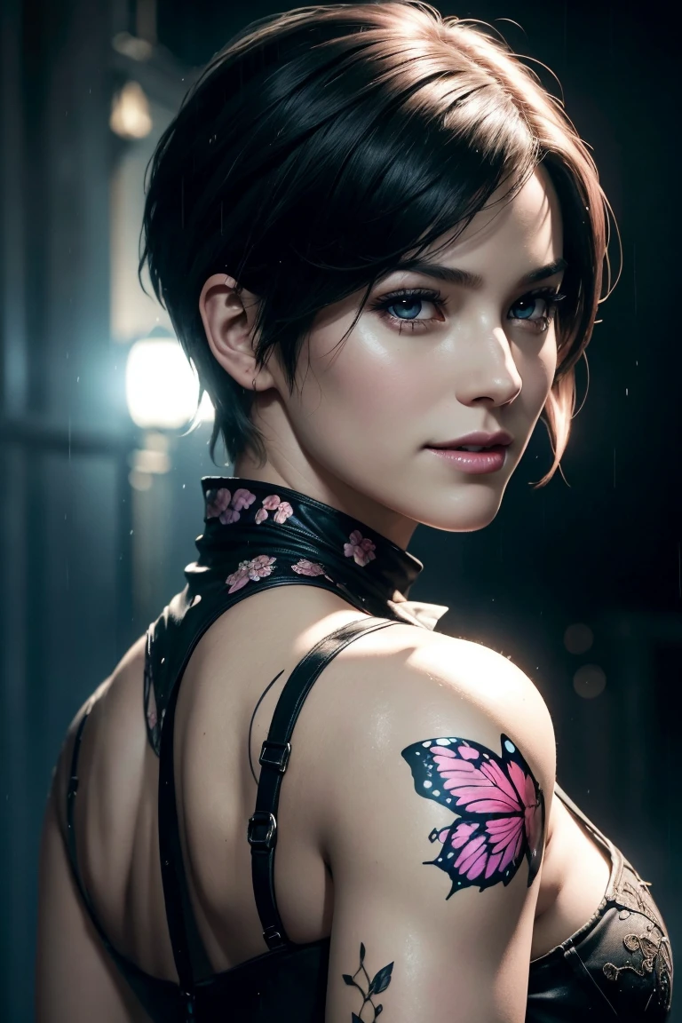 Resident Evil 6,Ada,Short Hair,Photorealistic,Ultra HD,high quality,masterpiece,Digital SLR,Detailed details,Intricate details,Anatomical basis,Depicted in detail,A detailed face,Realistic skin texture,Vivid details,Perfect Anatomy,Perfect Anatomy,Anatomically correct hand,Anatomically correct fingers,Super Detail,Complex 3D rendering,Sexy pose,Beautiful morning glory(flower),Rainy Sky,Beautiful scenery,Fantastic rainy sky,Picturesque,Pink Lips,smile,Fantastic butterflies々,