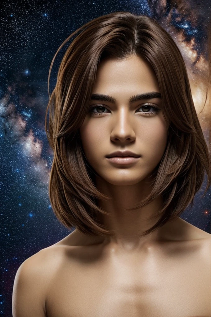 Has un hombre de piel canela con el pelo largo con estilo de anime y de fondo una galaxia has una obra maestra