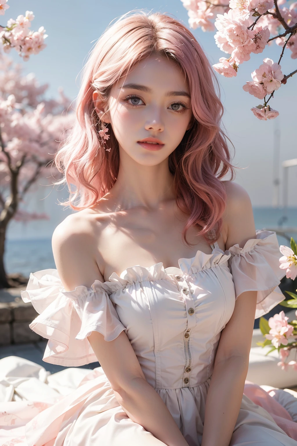 Light pink hair, pink eyes, pink and white, sakura leafs, vivid colors, white dress, paint splash, simple background, ray tracing, wavy hair,