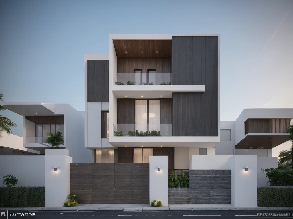 [(modern Office house with a courtyard and 03 floors)], high quality rendering, award-winning render, award winning render, Lumion render, professional render, architectural render, render to resolute perfection, exterior design, architectural visualization, architecture render, modern architecture design, inter dimensional villa, architectural 3d render, realistic CGI render, black and white color, dark color, (wide 20m), (deep 18m), (heigh 11,5m), ([03 floors]), 05 steps, IOS 1600