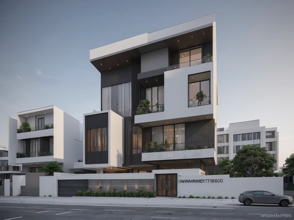 [(modern Office house with a courtyard and 03 floors)], high quality rendering, award-winning render, award winning render, Lumion render, professional render, architectural render, render to resolute perfection, exterior design, architectural visualization, architecture render, modern architecture design, inter dimensional villa, architectural 3d render, realistic CGI render, black and white color, dark color, (wide 20m), (deep 18m), (heigh 11,5m), ([03 floors]), 05 steps, IOS 1600