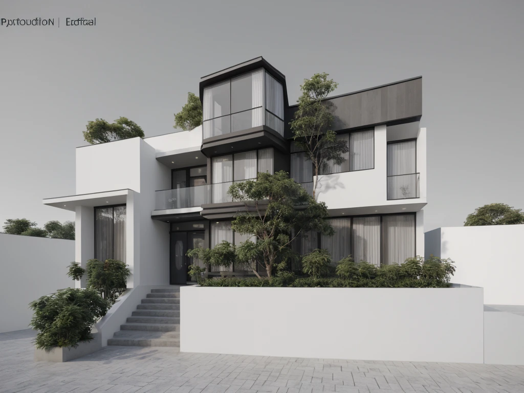 [(modern Office house with a courtyard and 03 floors)], high quality rendering, award-winning render, award winning render, Lumion render, professional render, architectural render, render to resolute perfection, exterior design, architectural visualization, architecture render, modern architecture design, inter dimensional villa, architectural 3d render, realistic CGI render, black and white color, dark color, (wide 20m), (deep 18m), (heigh 11,5m), ([03 floors]), 05 steps, IOS 1600