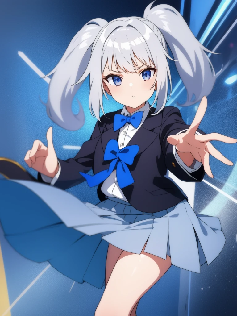 1girl, anime girl, silver hair, long twintails, silver eyes, dark blue school suit, blue bowtie, skirt