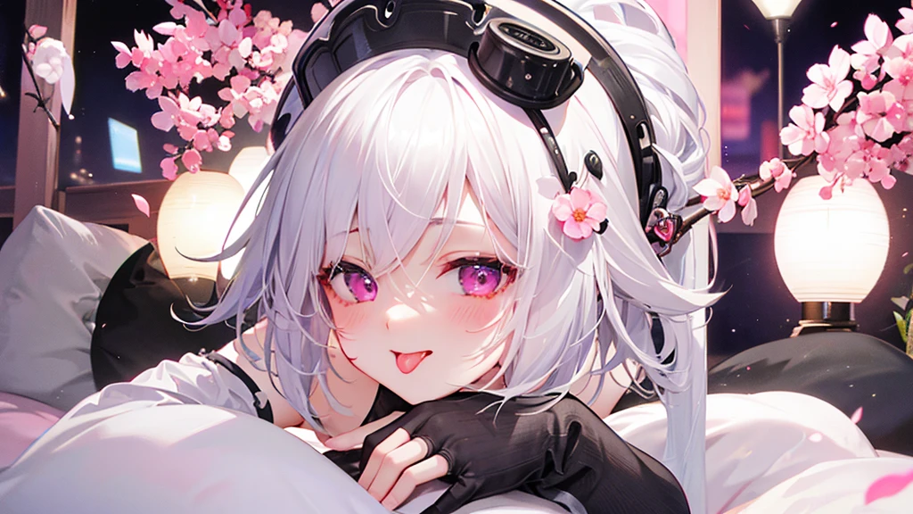 White Hair、Pink Eyes、Short Hair、laughing、Only one girl、alone、Cute、Face is close、Night、laughing、At the bed、Blushing、Erotic、Stick your tongue out