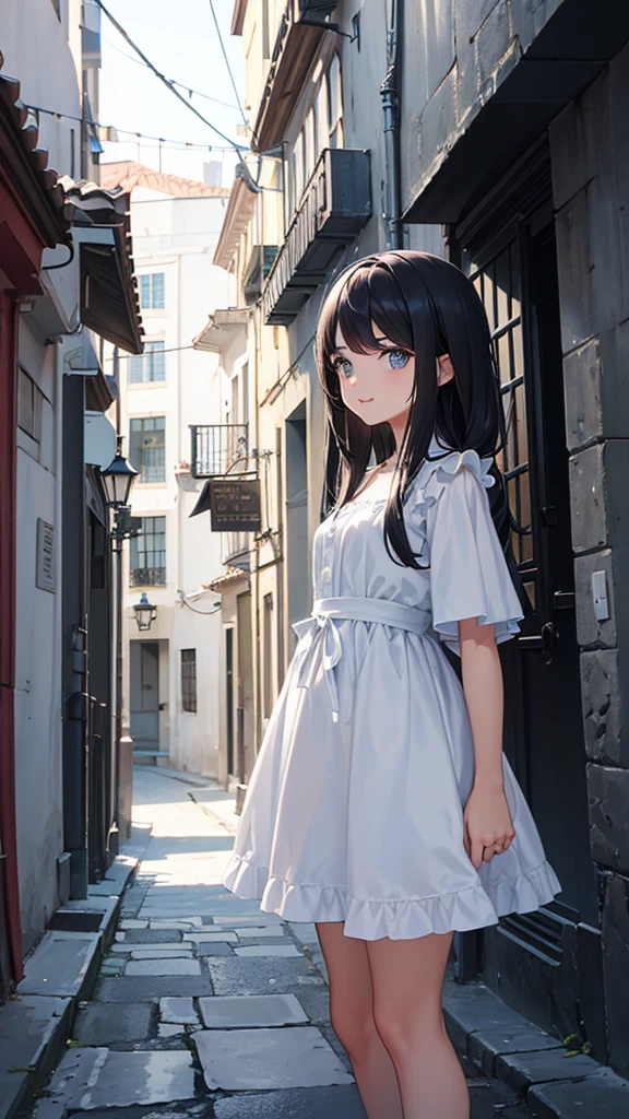 (obra maestra, mejor calidad:1.2), albedow caminando hacia, Vestido blanco, hip vent, guantes blancos,pelo negro, pelo entre los ojos, ojos amarillos brillantes, cuernos blancos, amenazador, Labios partidos, sonrisa, Alas negras, (alas bajas:1.1), Dark alley, paredes de ladrillo, 
