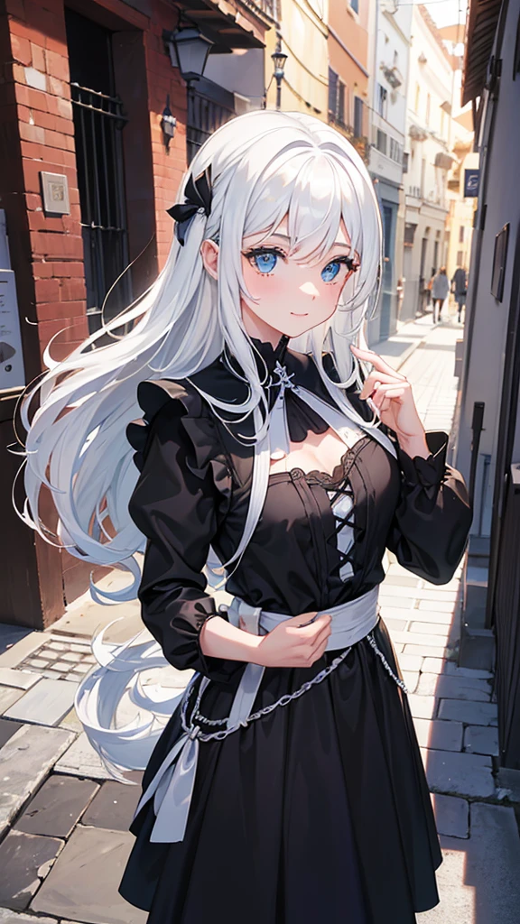 (obra maestra, mejor calidad:1.2), albedow caminando hacia, Vestido blanco, hip vent, guantes blancos,pelo negro, pelo entre los ojos, ojos amarillos brillantes, cuernos blancos, amenazador, Labios partidos, sonrisa, Alas negras, (alas bajas:1.1), Dark alley, paredes de ladrillo,