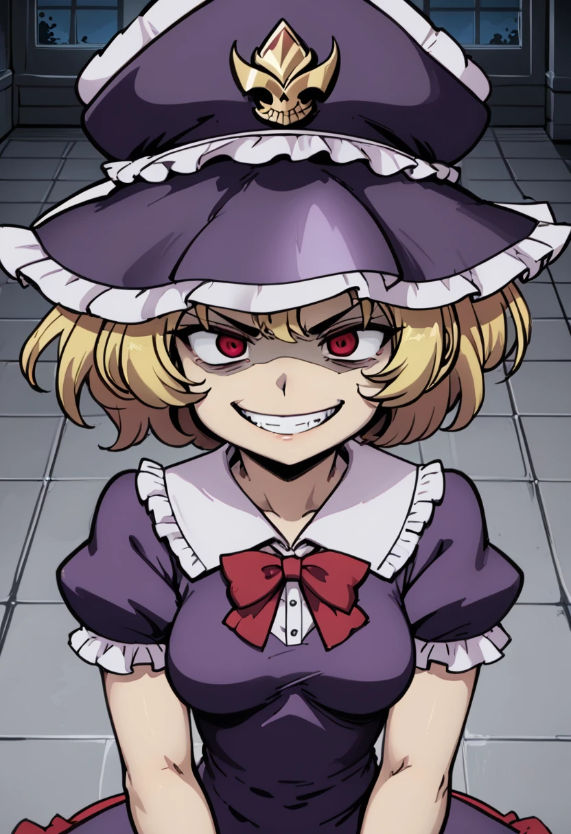 masterpiece,best quality,red eyes,medium hair,blonde hair, bowtie,purple dress,floor-length dress,elbow gloves,frills,hat,purple cloak,red ribbon,(evil grin:1.2),(evil,constricted pupils, shaded face),night,upper body,