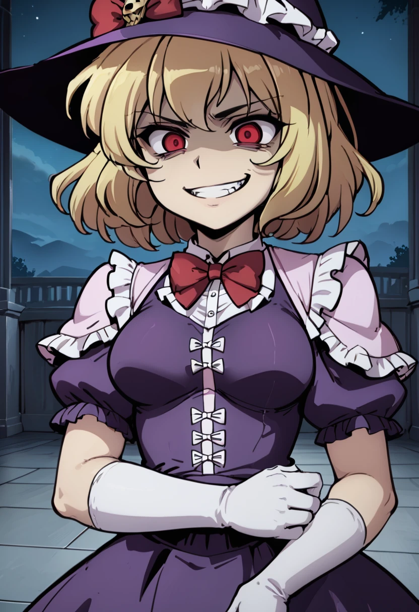 masterpiece,best quality,red eyes,medium hair,blonde hair, bowtie,purple dress,floor-length dress,elbow gloves,frills,hat,purple cloak,red ribbon,(evil grin:1.2),(evil,constricted pupils, shaded face),night,upper body,