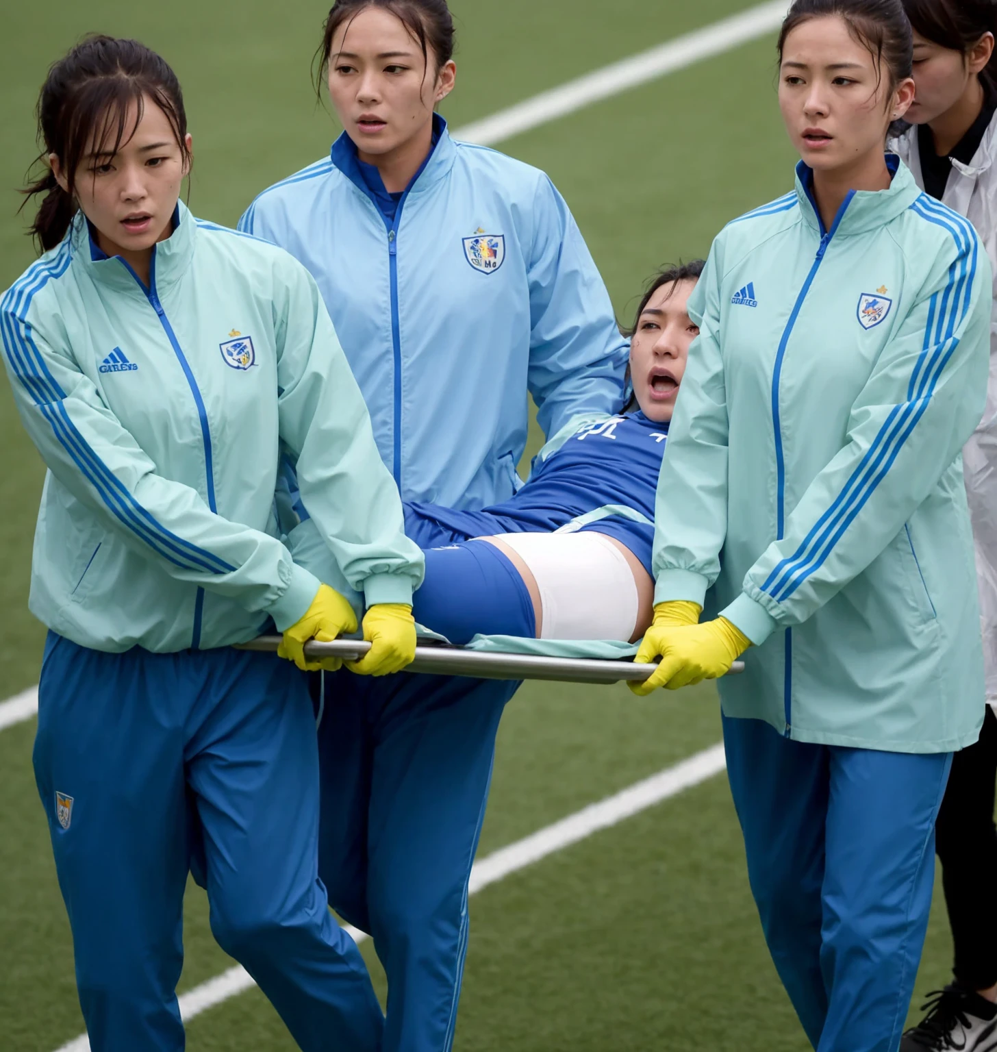 a soccer scene in a chinese sports stadium, rainy weather, wet ground, rainfall, injury scene in a sports stadium, stretcher carry, there are four female medics in wet raincoats who carrying a stretcher, there are four female medics in wet raincoats who are carrying a stretcher in a rainy sports stadium, there is a wounded male soccer player in a matte short cotton sports outfit lying on the stretcher, an injured male soccer player is lying on his back on a stretcher and is rearing up in agony, a soccer player is rearing up in pain while lying on his back on a stretcher, dramatic scene, theatralic posing scene, dramatic pity scene, injury soccer, first aid, help, pity, there are four female medics in shiny raincoats who are looking very sad and very terrified and very shocked, the injured soccer player is screaming out in pain while he is carried from the pitch on a stetcher through the rain