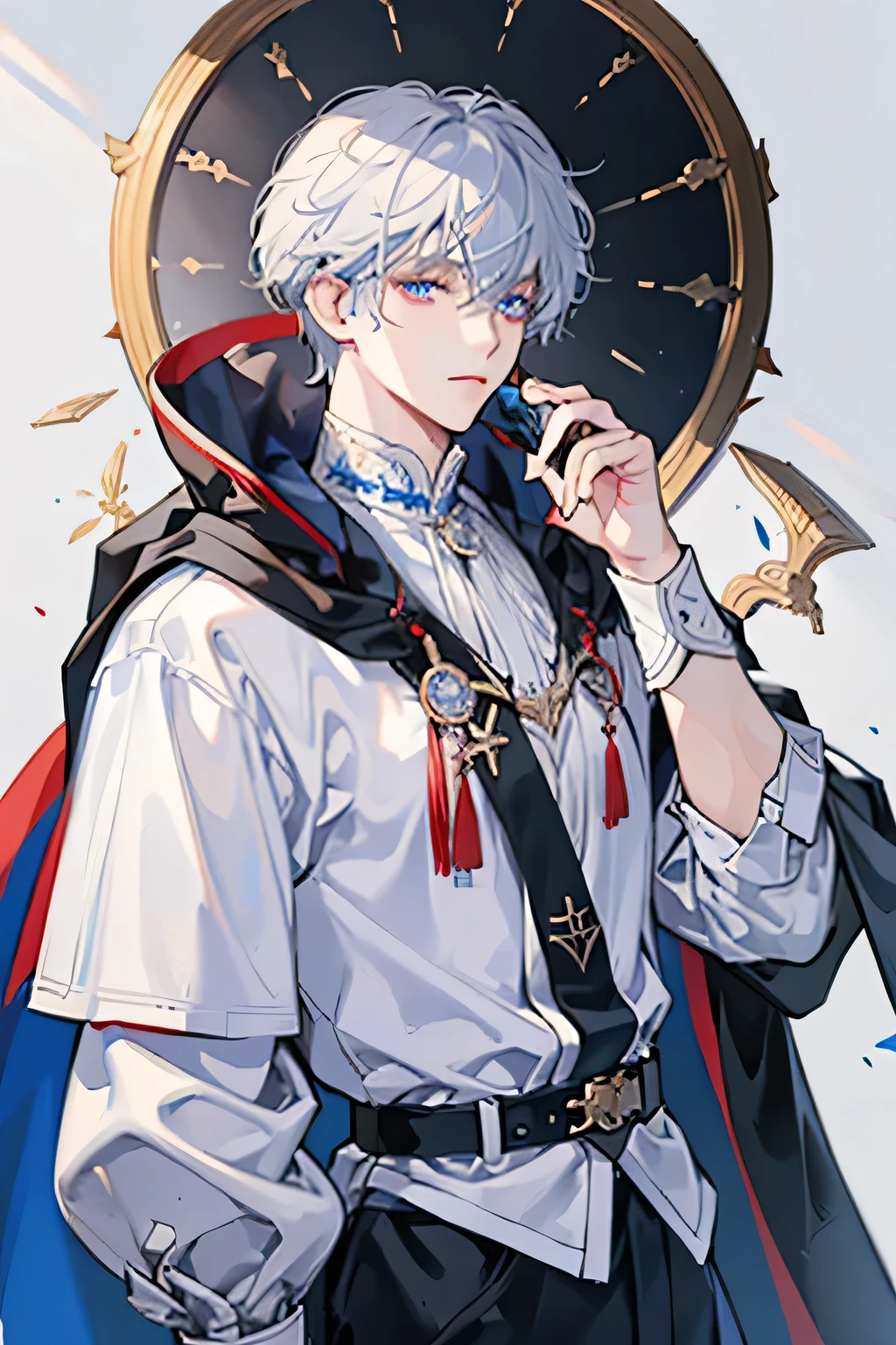 Best quality,The best lines,The best picture, White curly hair,Human Male,Height 173cm,Weight 120 pounds,good body,One eye is blue,One eye is red,Delicate eyes,Blue eyes a little broken。A bit lazy,Black cape with hood,There is a black long knife on the waist