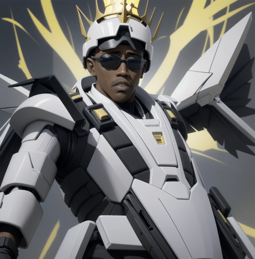 Wesley Snipes as Michael, the Right Hand of the Creator. Co-Leader of the Archangels, A crack squad of futuristic and highly technically advanced warriors. Ancient, but not old. Powerful, IN a white and black winged exo-mecha suit, tight fitting, open faced, with futuristic golden HALO-crown/helmet with visor
