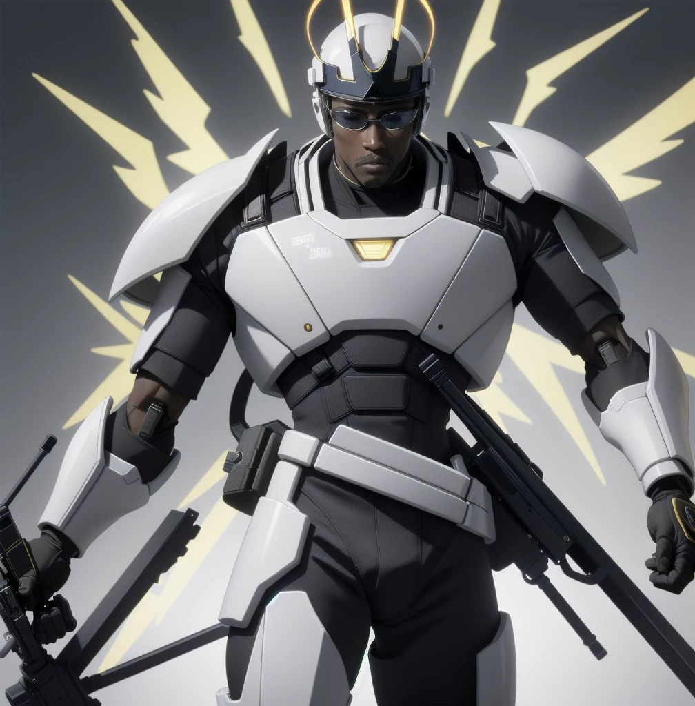 Wesley Snipes as Michael, the Right Hand of the Creator. Co-Leader of the Archangels, A crack squad of futuristic and highly technically advanced warriors. Ancient, but not old. Powerful, IN a white and black winged exo-mecha suit, tight fitting, open faced, with futuristic golden HALO-crown/helmet with visor
