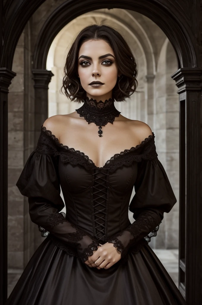 Dibuja una mujer con piel clara, short brown hair above the shoulders, ojos grandes miel, cara cuadrada, nariz chata, un lunar en el labio, with a gothic dress and gothic makeup