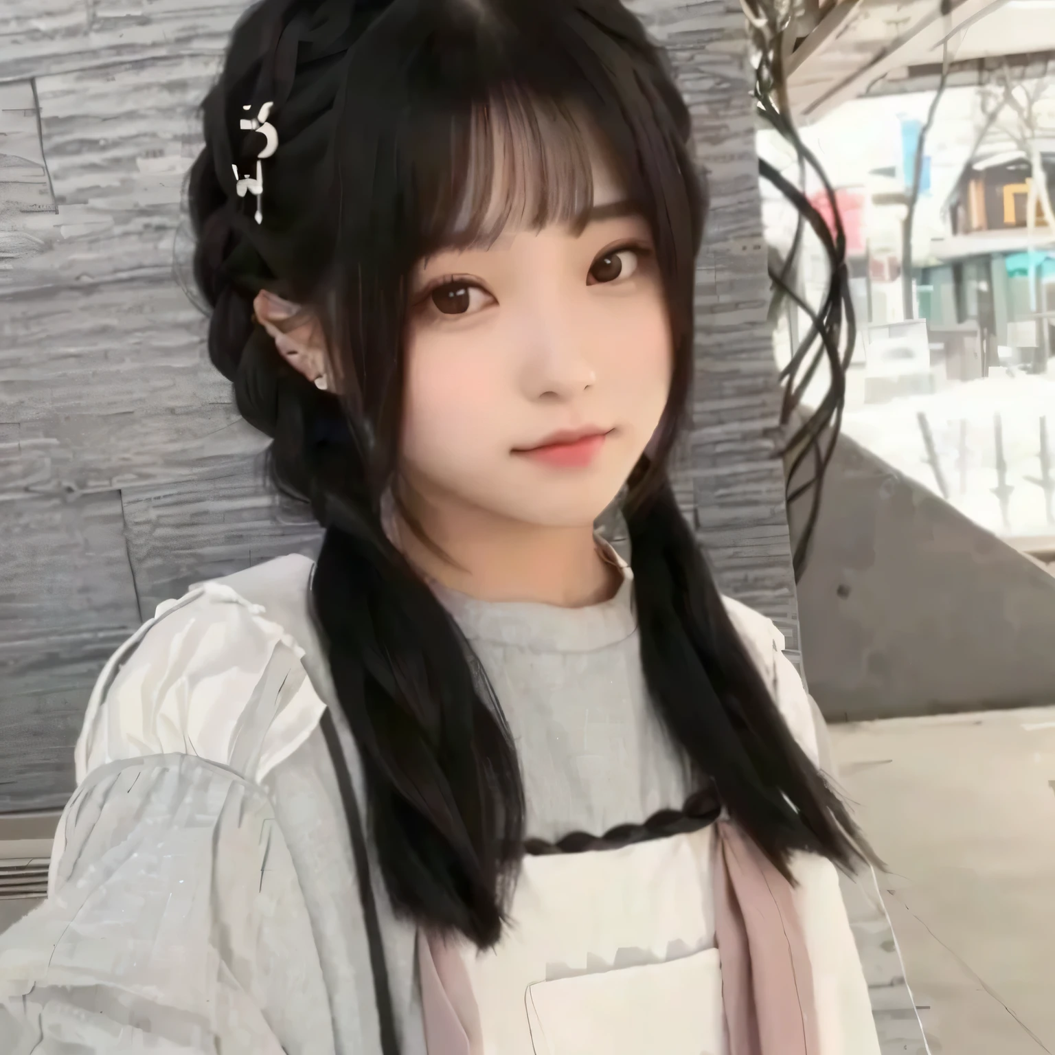 arafed long hair asian girl,Wearing a gray shirt, Double tail hairstyle, Cute kawaii girl, Braided hairstyle, Ulzan, black hime cut hair, two Braided hairstyle, Qi bangs hairstyle, Kawaii Hairstyle, White Ji haircut, Short braided hair, Double tail, Black braids, Girl Cute - Delicate Face