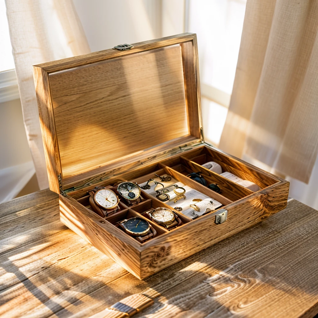 In this cozy room,A ray of sunlight shone through the half-drawn curtains on the table,Let the wood grain on the watch storage box shine with a faint luster。There was a calm and peaceful atmosphere in the air around them。There are several still lifes hanging on the walls of the room,It adds a touch of elegance to the space。And on the other side of the room,The half-open window lets in the breeze,The pages on the small desk by the window turned in the wind,This quiet scene gives a sense of tranquility and comfort。