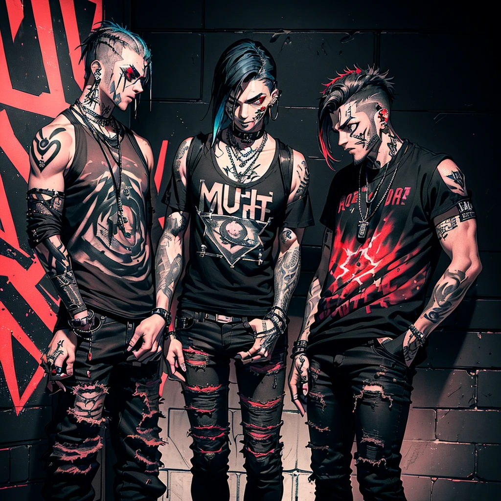Mulheres, (((Rockeira))), (((lip piercing))), (((Large flare on lobes))), Roupa cyberpunk na cor preto e branco, Jaqueta de couro, (((Cabelo azul no estilo emo scene kid))), medium breasts, pulseira com spikes, brass knuckles necklace, (((black background wall with the writing SENTIINEL in capital letters in red and letters similar to the cover of a metal band)))), ((Torn pants)), ((((tattoos on arms and face))))