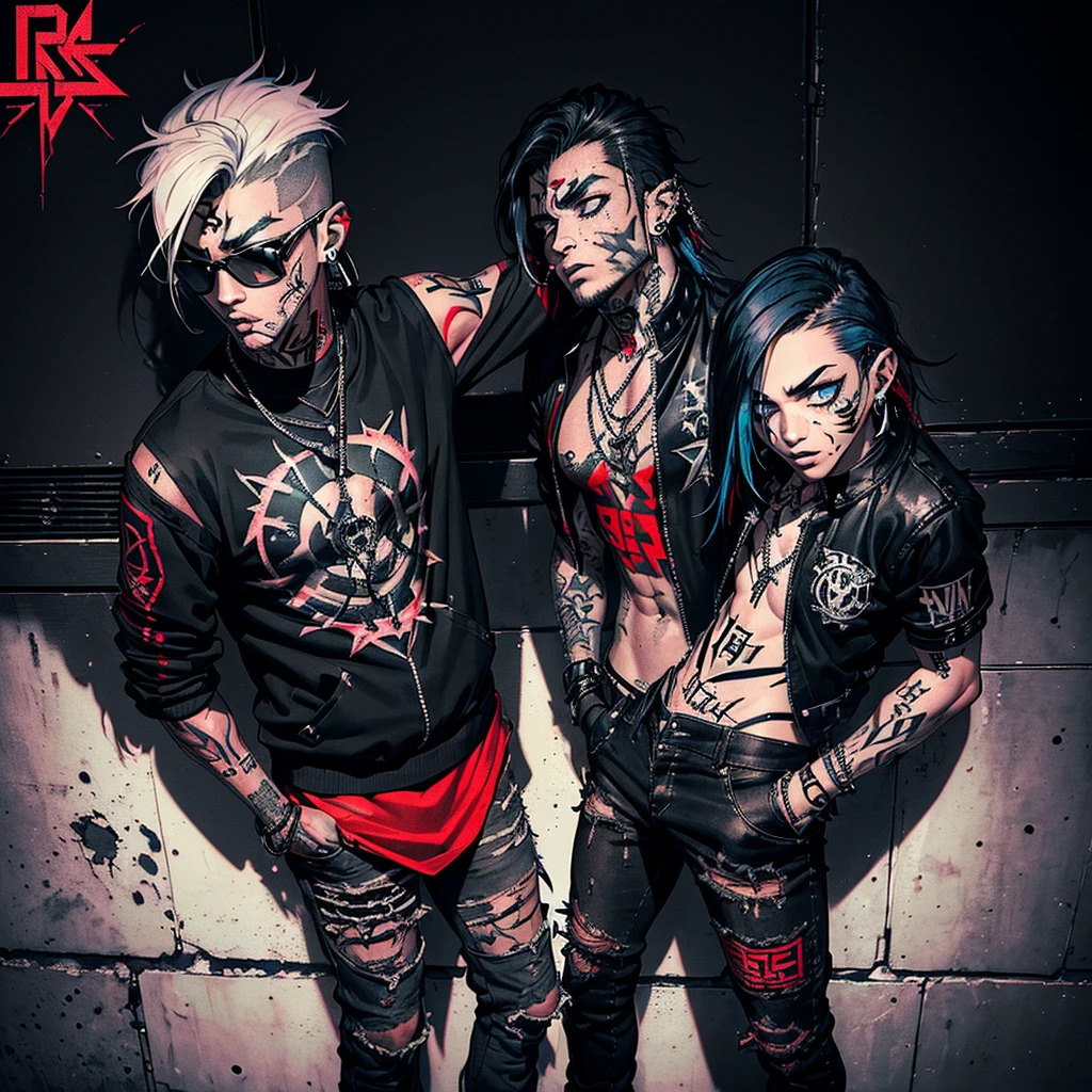 Mulheres, (((Rockeira))), (((lip piercing))), (((Large flare on lobes))), Roupa cyberpunk na cor preto e branco, Jaqueta de couro, (((Cabelo azul no estilo emo scene ???))), medium breasts, pulseira com spikes, brass knuckles necklace, (((black background wall with the writing SENTIINEL in capital letters in red and letters similar to the cover of a metal band)))), ((Torn pants)), ((((tattoos on arms and face))))