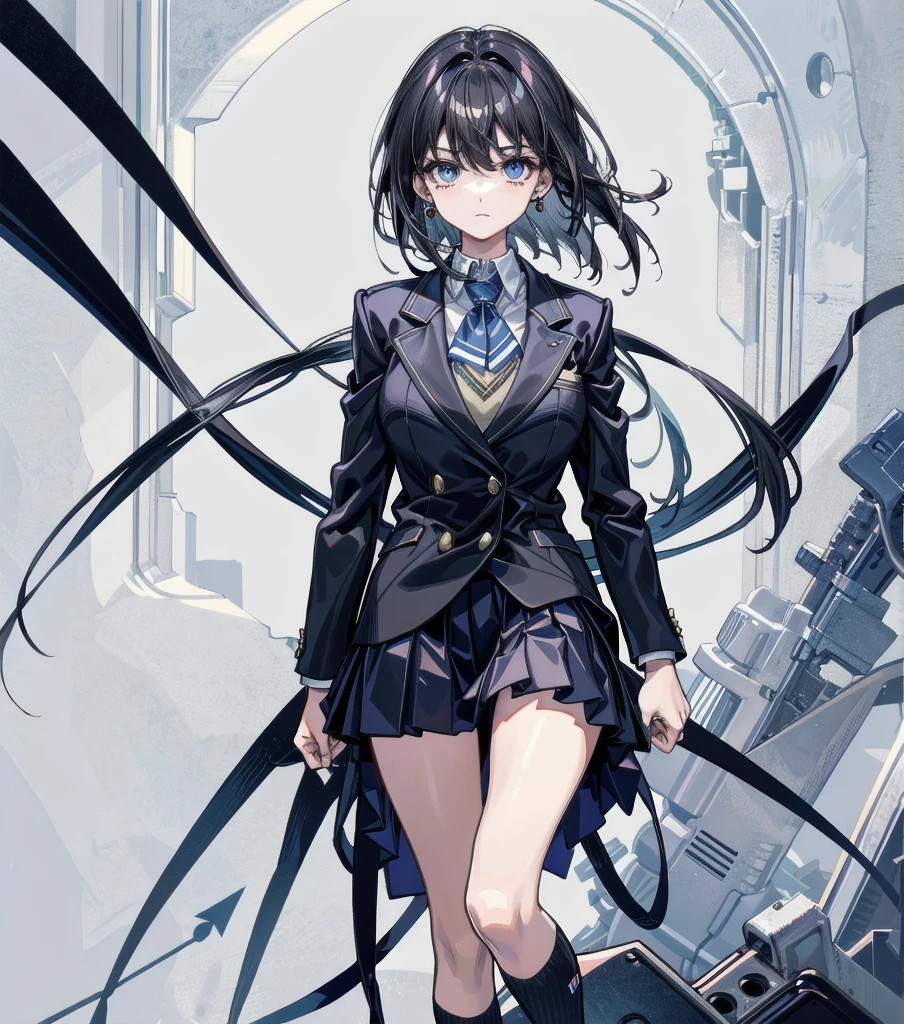 full body, solo, alone, perfect anatomy, correct body, ideal ratio of body proportions, tearful mole, earring, medium hair, black hair, medium tits, school_uniform, blazer,