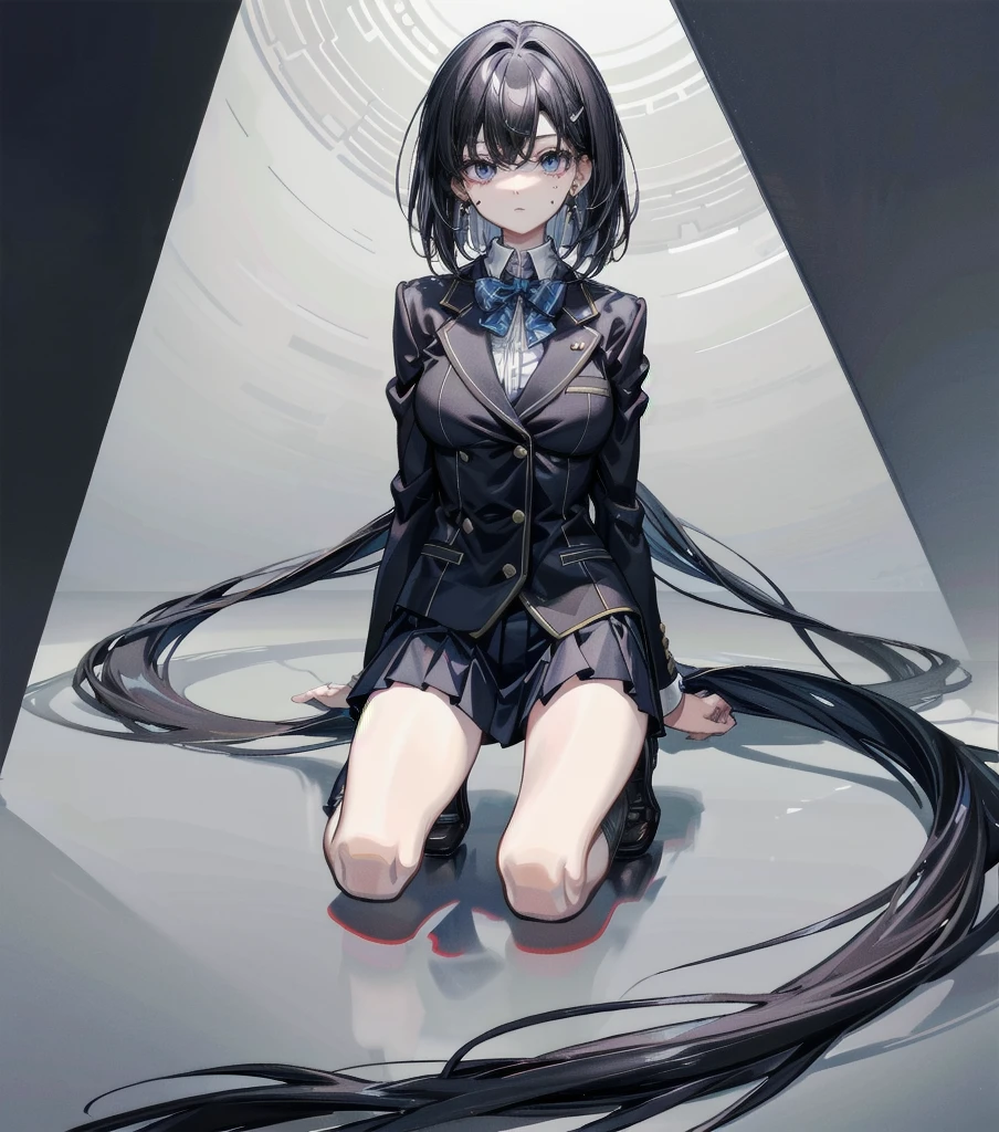 full body, solo, alone, perfect anatomy, correct body, ideal ratio of body proportions, tearful mole, earring, medium hair, black hair, medium tits, school_uniform, blazer,
