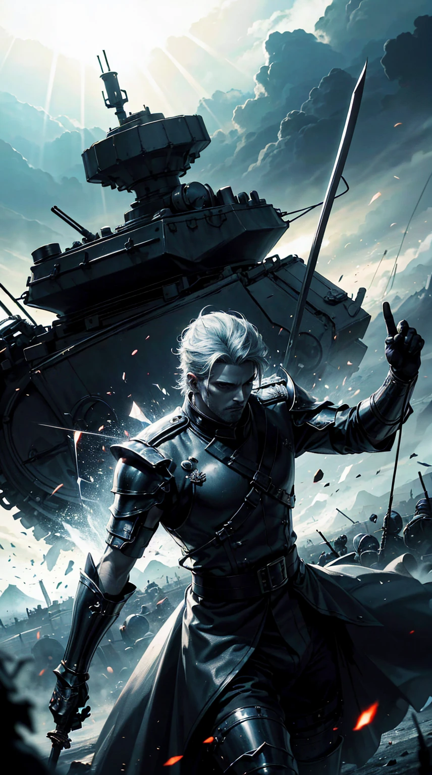 Father with swords, costumes, General headwear, Tanks and soldiers in the background,red blood element,HD Light & Dark, Balance Rendering, HD lighting and darkness )<=(Epic image quality)dark atmosphere with bright light particles(Lots of effects in the background)