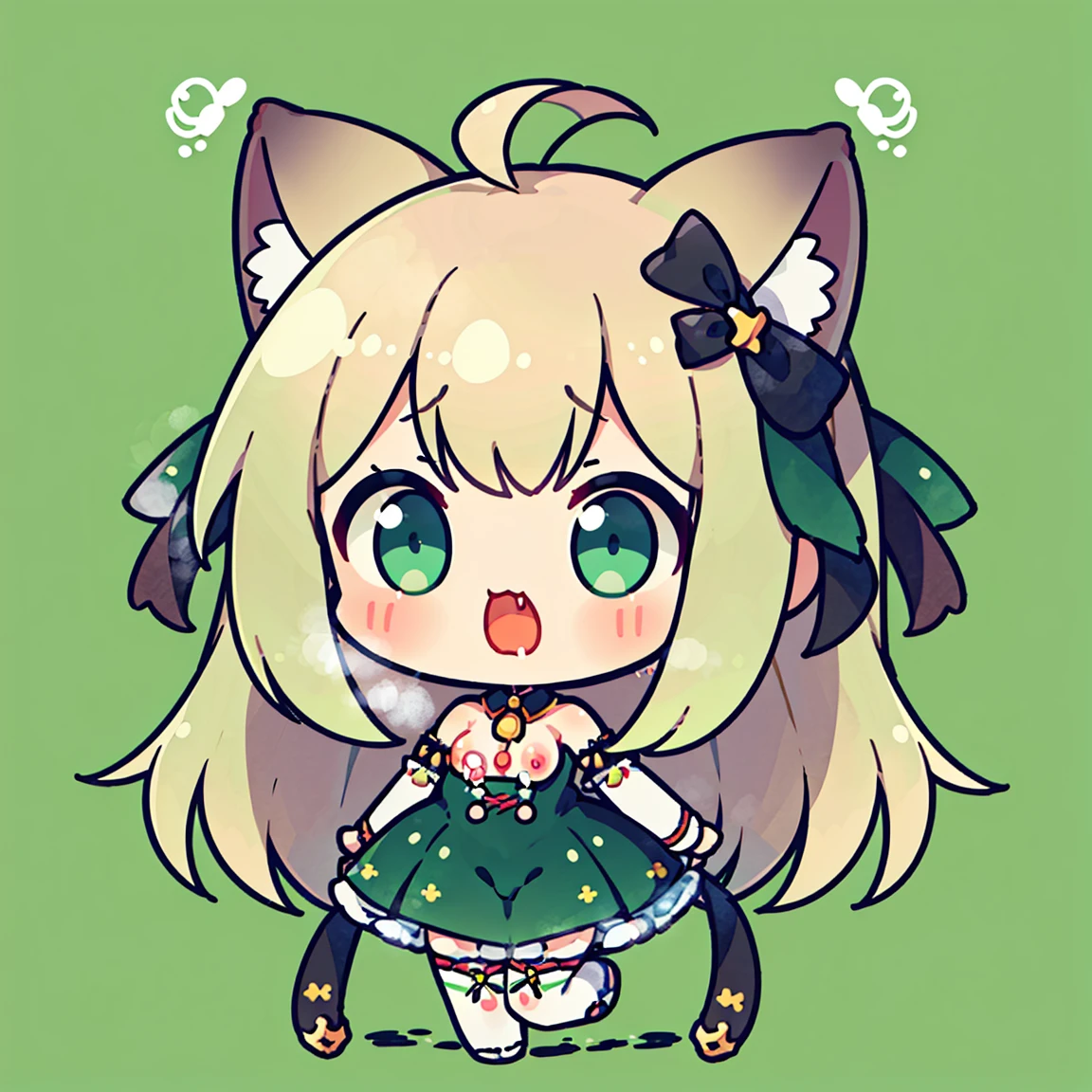 masterpiece, top-quality, large mouth、Big eyes、Surprised face、Full body depiction, Arms outstretched、1girl in, cartoon bone、 Black cat ears,Chibi:1,Chibikyara, Green Hair Anime Girl, cowboy shot, , ribbon-trimmed sleeves, (:1.4), (nsfw:1.5)