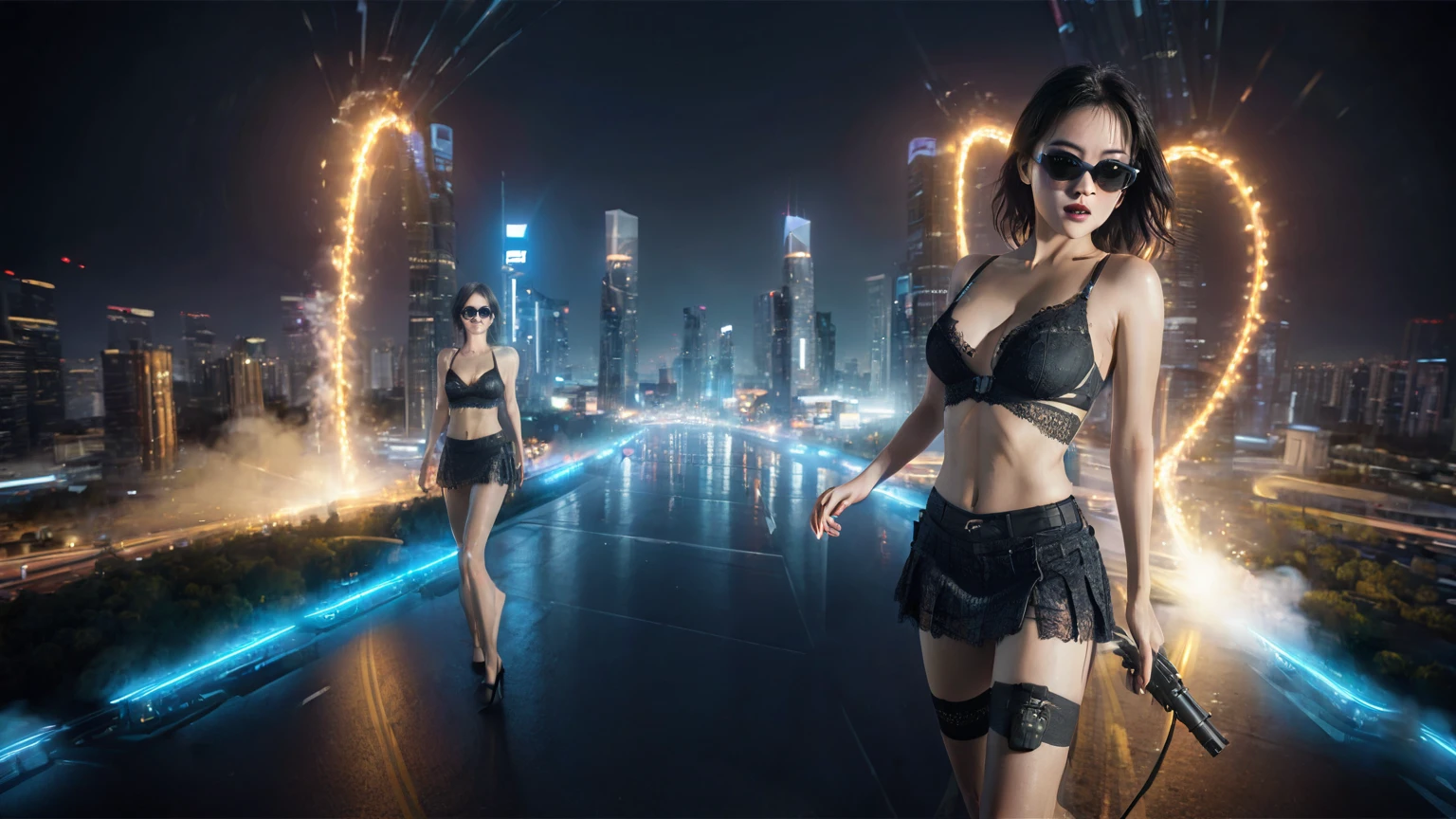 UE 5, computer render, Rendered by Octane, (8K, tmasterpiece), (realistically, Photo degree:1) luminescent concept art, (((((aerial view))))) of Cyberpunk city scene, ((Surreal circuit architecture)), (((((supercars street racing, 1 drone))))). Matrix style, (((((Matrix cascading code))))), (((((a futuristic twin tower skyscraper with a unique twisted design))))), (((((OLED GUI interfaces in the building))))), at night, (((((1girl, solo))))), photo realistic, (((large-breast:1.2 slim body, cleavage))), (((off torn mini sling-shirt and black lace sling bra, extreamly short pleated lace miniskirt exposing panty))), (((((running pose))))), (((((((matrix style black micro sunglasses))))))), ((((((((((aiming with a short gun)))))))))), (((((looking at camera))))), (((very low view))), (((((half-body thigh level medium shot))))), (((cinematic lighting))).