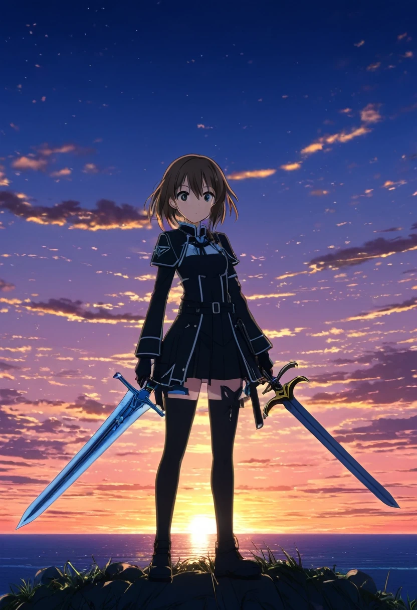 A cartoon character standing in front of a sunset with the sky as a background, Concept Art：Lisa Nanquivil, Topics on pixiv, Conceptual Art, Sword Art Online, anime background Key Visual, star, anime Key Visual concept art of, Fate Grand Order, UFOTABLE art style, Anime movie background, Key Visual, colorful Anime movie background, star style anime