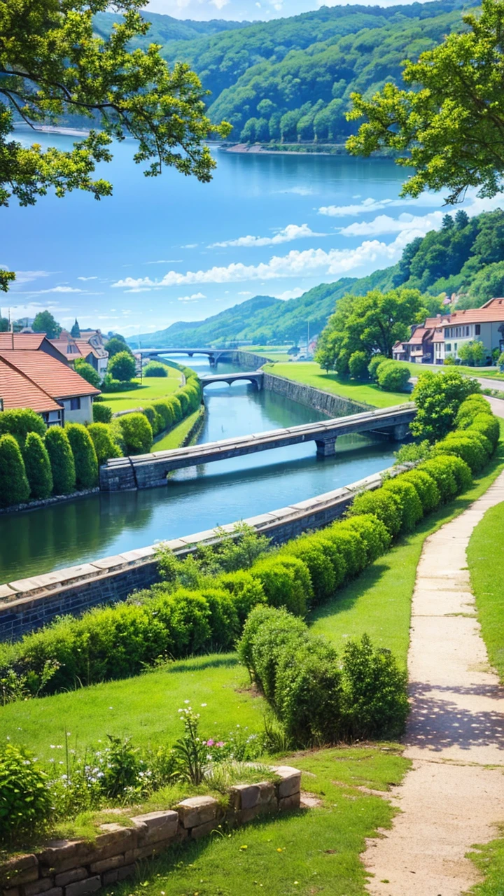 A very beautiful village near the river, there is a beautiful tree